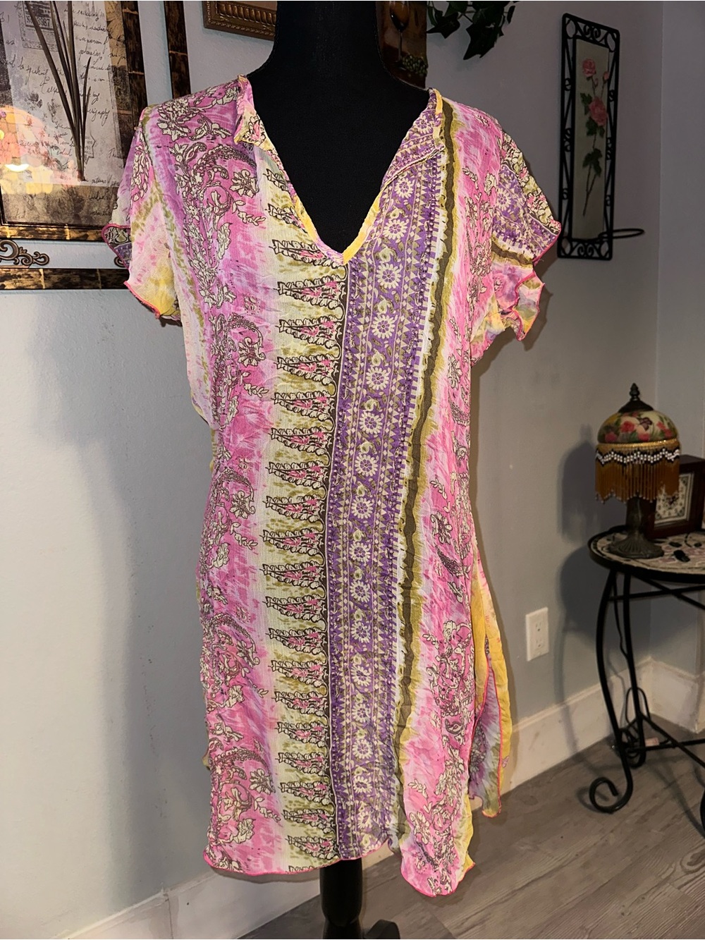 Vintage Y2K 90s EXXE Pink Yellow Purple Floral Paisley Print Sheer Shift Dress M